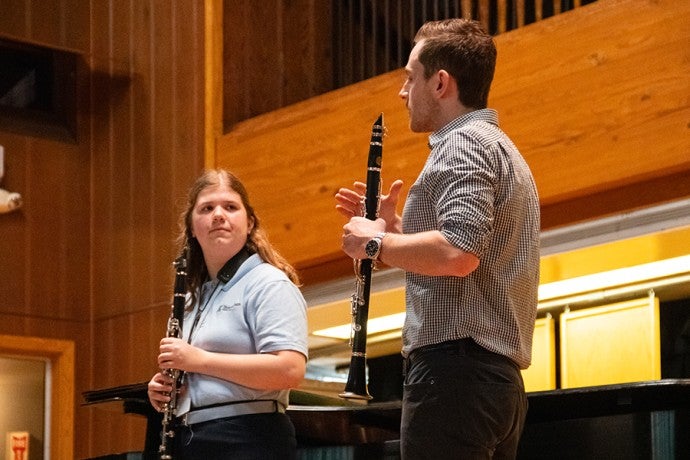 A Detroit Symphony Orchestra musician leads a clarinet master class at Interlochen's Dendrinos Chapel and Recital Hall.