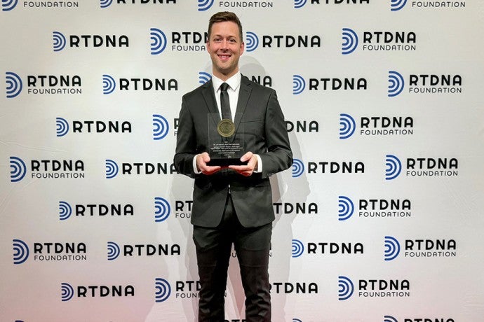 Points North executive producer and host Dan Wanschura with a national Edward R. Murrow Award at the awards gala in New York City.